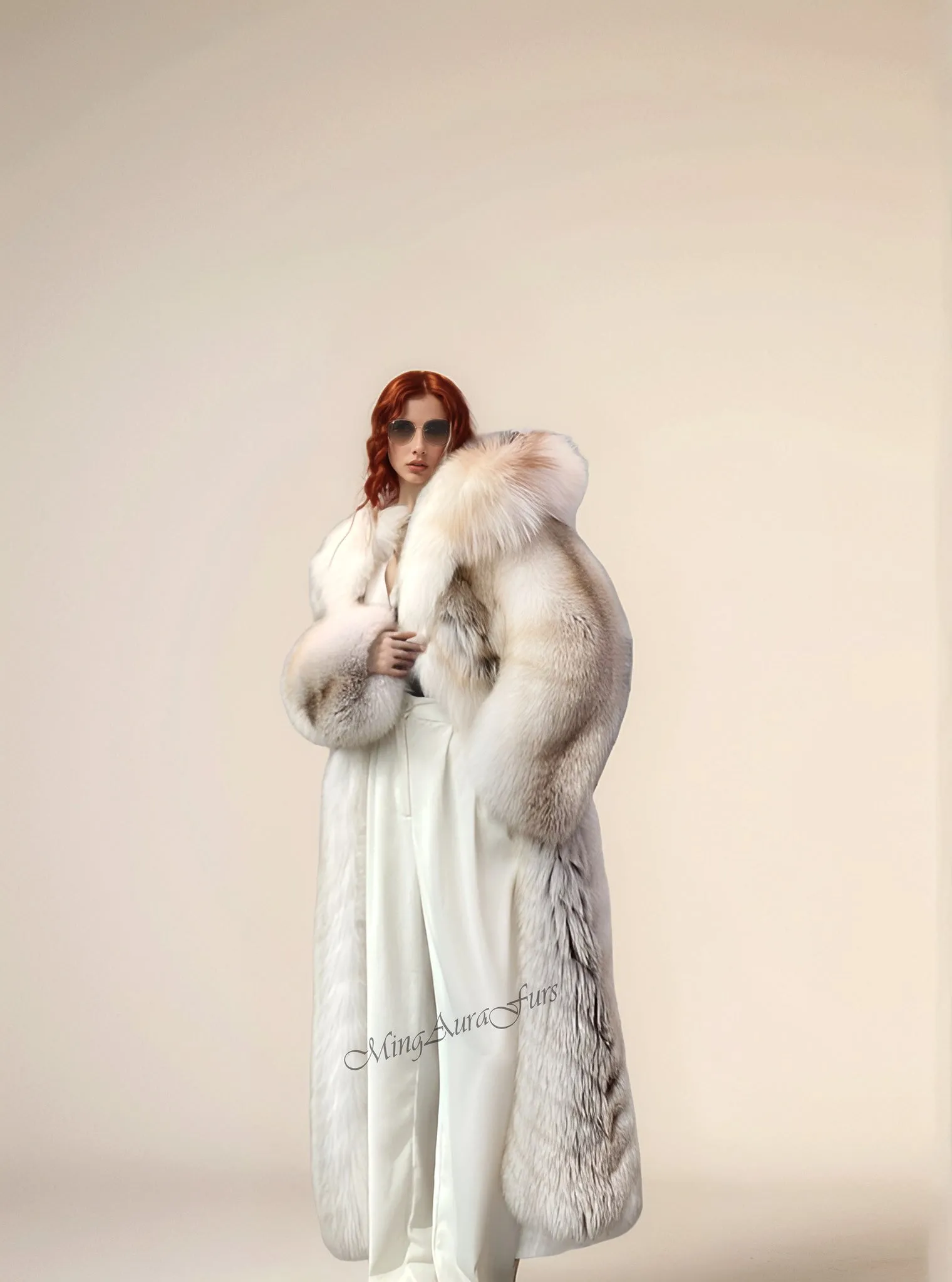 Long Fox Fur Coat for Women with Fur Collar - Fawn Light Fox - G007