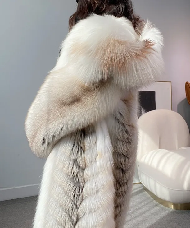 Long Fox Fur Coat for Women with Fur Collar - Fawn Light Fox - G007