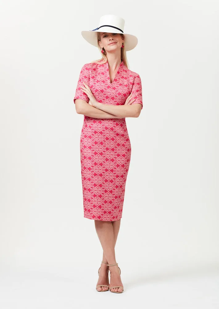 Longer Length Silk/Wool Shift Dress with Sleeves in Fuchsia and Ivory Matelassé - Em