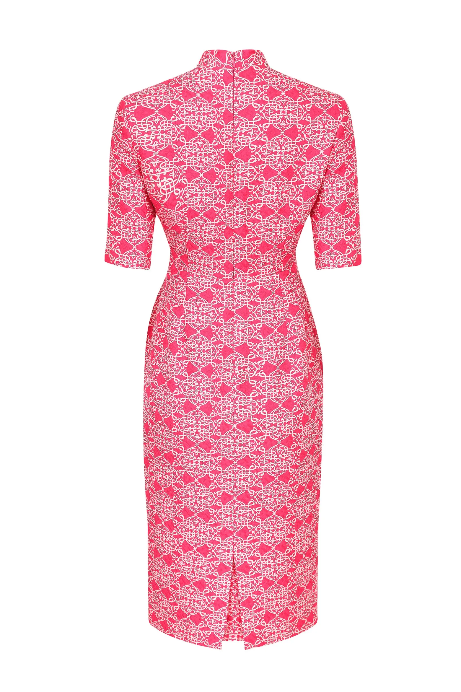 Longer Length Silk/Wool Shift Dress with Sleeves in Fuchsia and Ivory Matelassé - Em