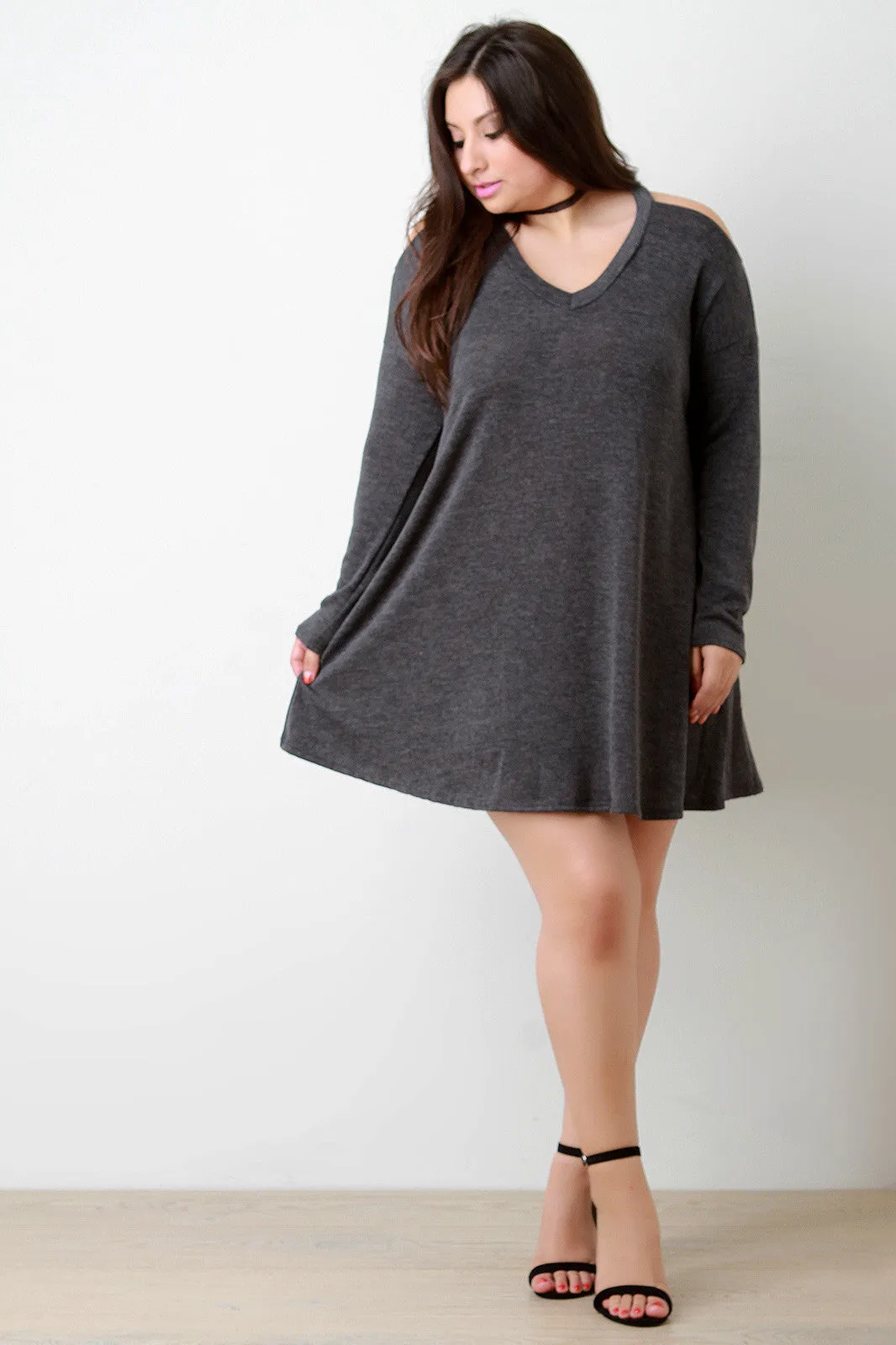 Loose Knit V-Neck Cold Shoulder Shift Dress