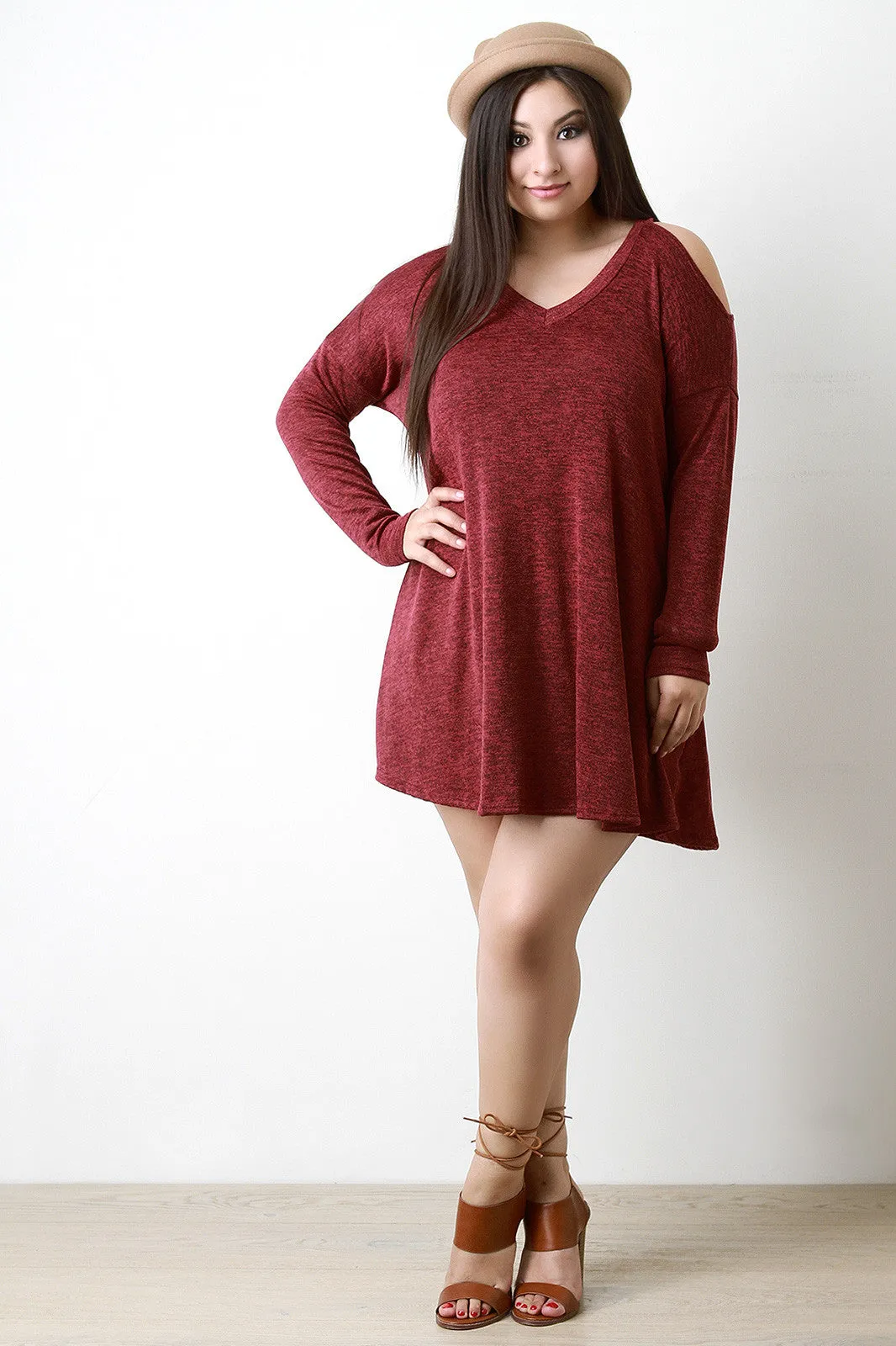 Loose Knit V-Neck Cold Shoulder Shift Dress