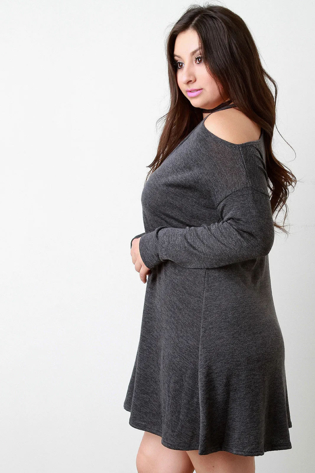 Loose Knit V-Neck Cold Shoulder Shift Dress