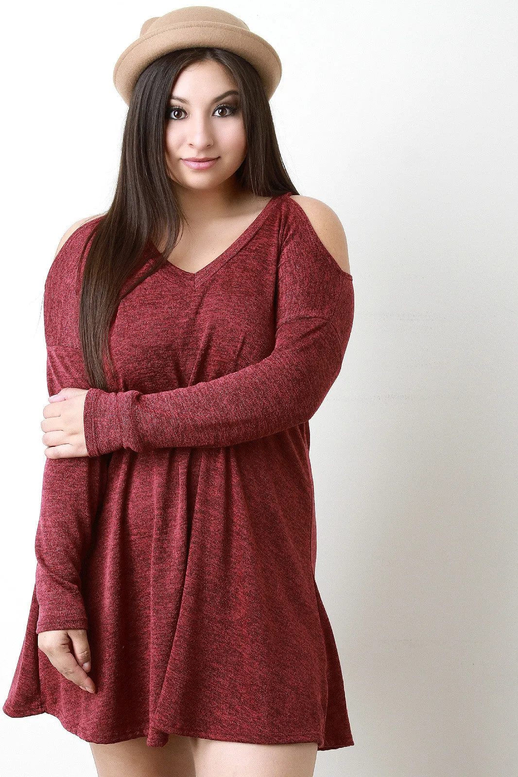 Loose Knit V-Neck Cold Shoulder Shift Dress