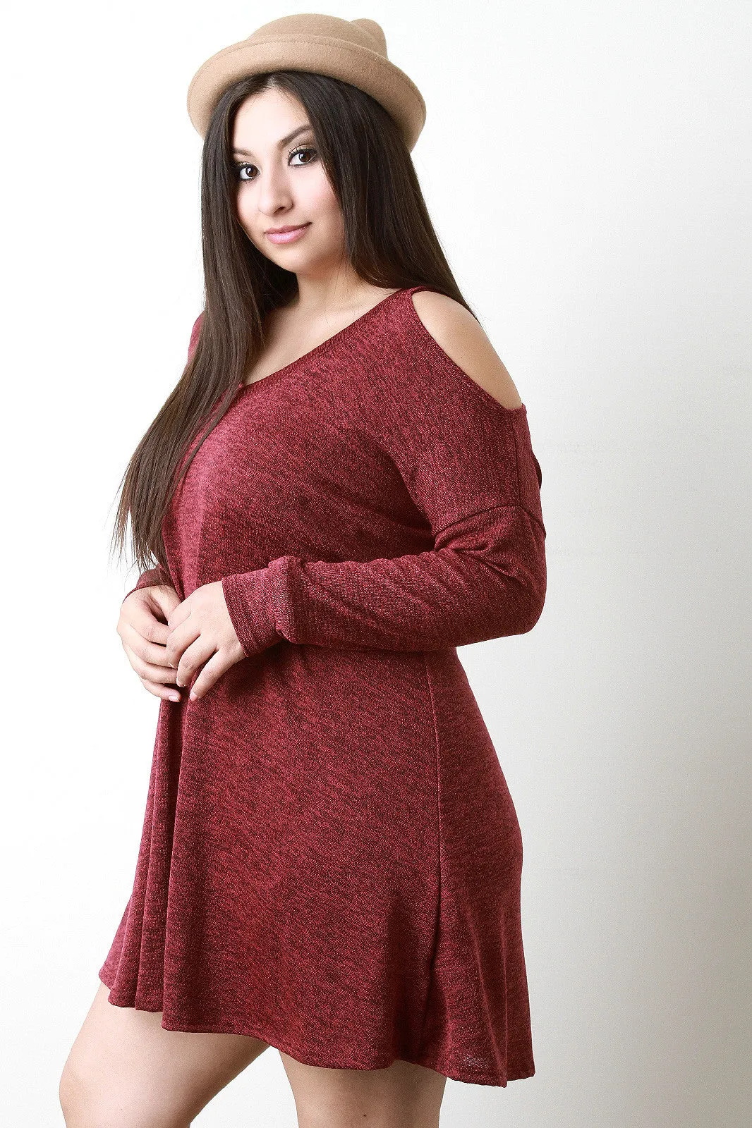 Loose Knit V-Neck Cold Shoulder Shift Dress