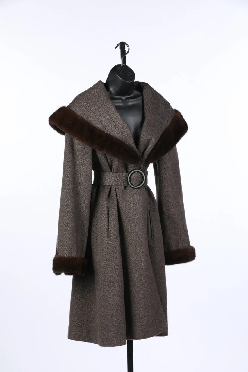 Loro Piana Brown Cashmere/Wool Shawl Collar Full-Length Coat w Fur Trim & Belt