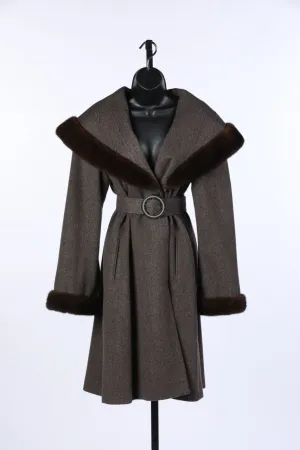 Loro Piana Brown Cashmere/Wool Shawl Collar Full-Length Coat w Fur Trim & Belt