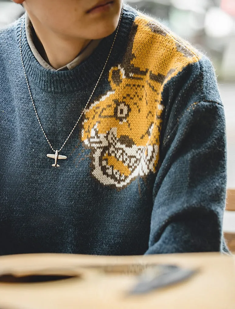 Maden Men's Vintage Cartoon Knitted Sweaters Casual Loose Thick O-Neck Tiger Head Pullover Harajuku Streetwear Christmas Jumper