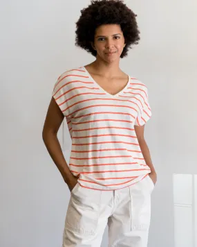 Majestic Filatures Stretch Linen V-Neck in Coral Stripe