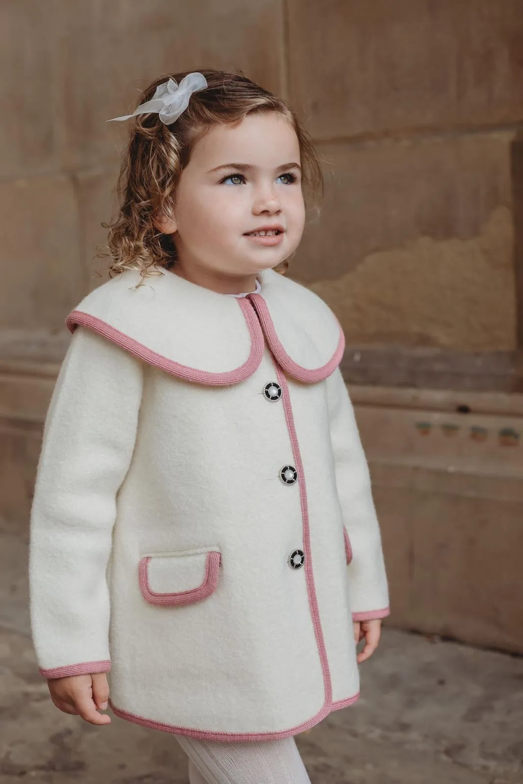 Marae Ivory & pink scallop collar Merino Wool Coat