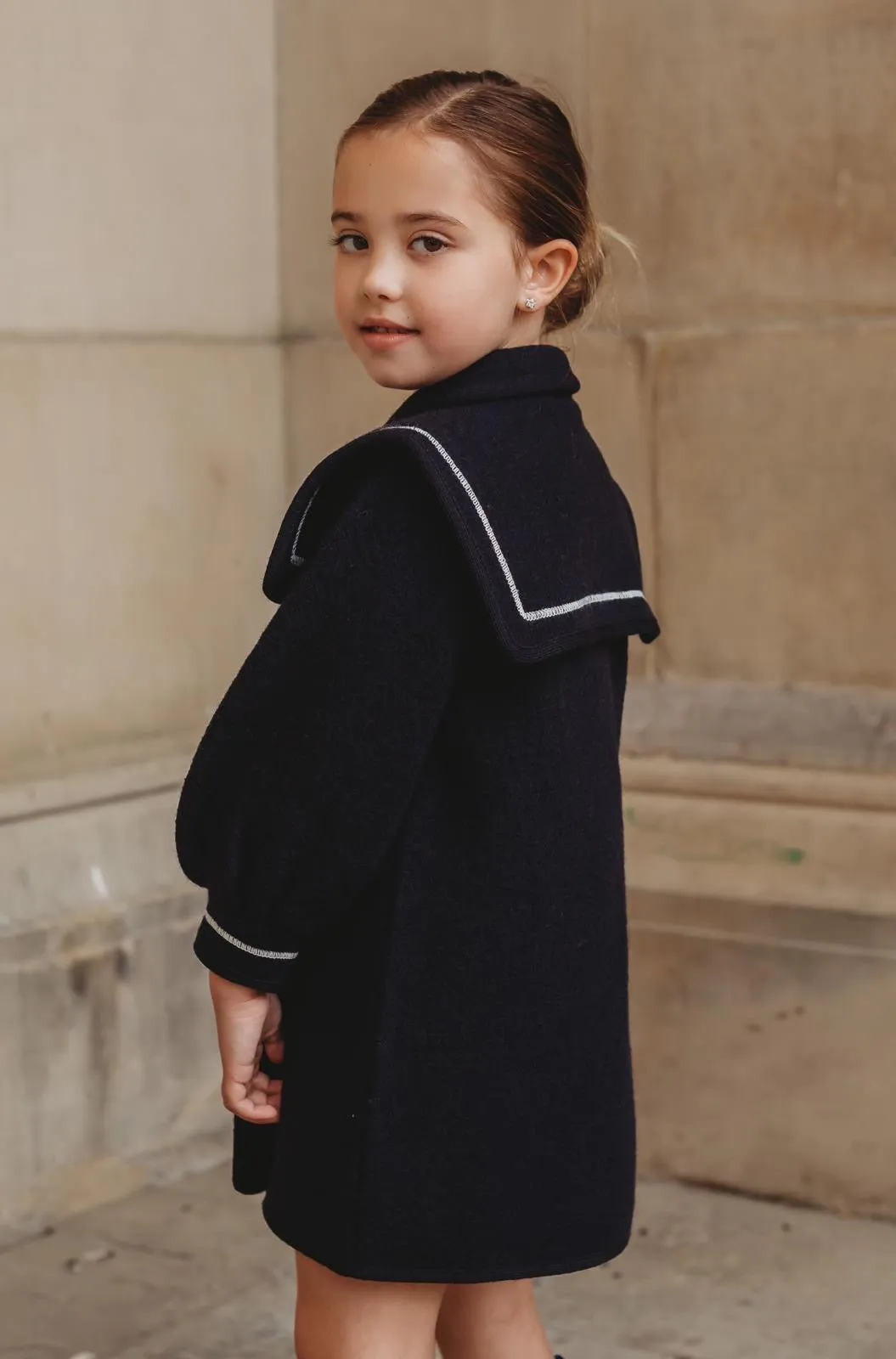 Marae Navy statement sleeve Merino Wool Coat