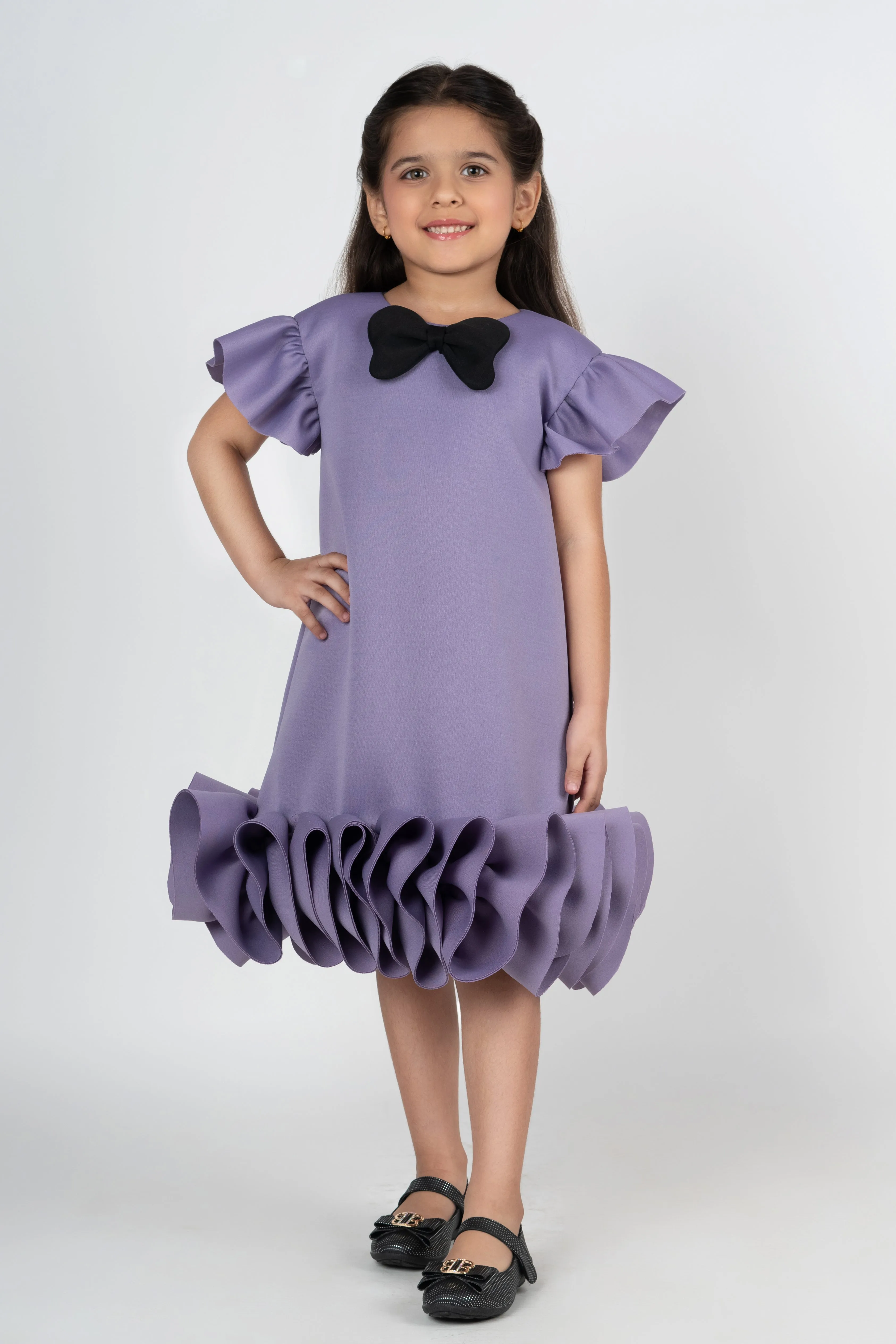 Mauve Bow Ruffle Detailing Neoprene Straight Dress