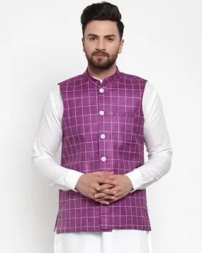 Men Purple Checkered Nehru Jacket by Virat Fashions (1pc)