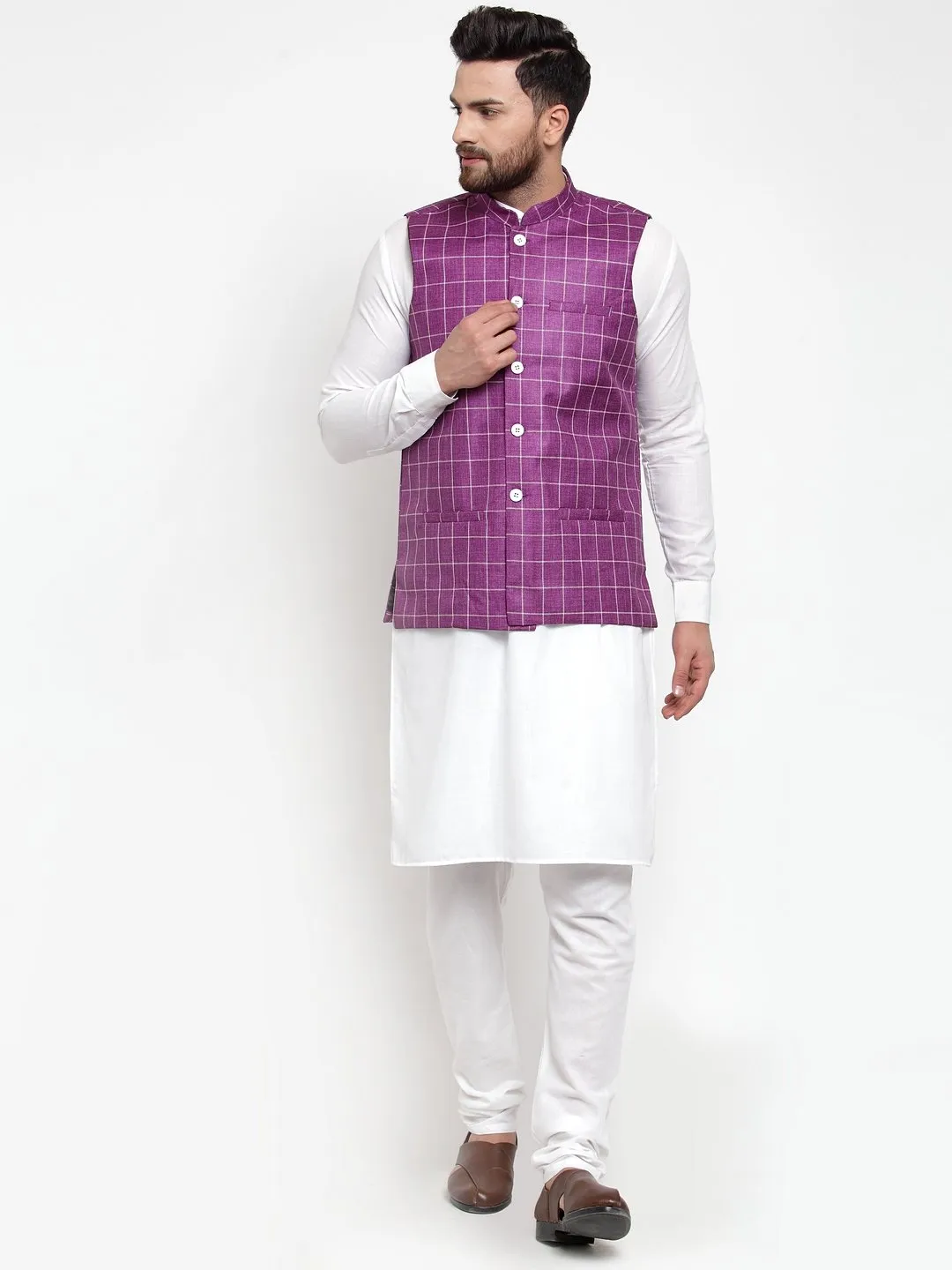 Men Purple Checkered Nehru Jacket by Virat Fashions (1pc)