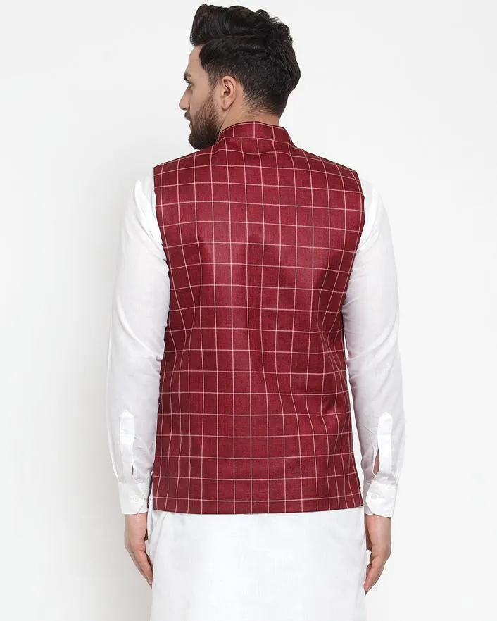 Men Purple Checkered Nehru Jacket by Virat Fashions (1pc)