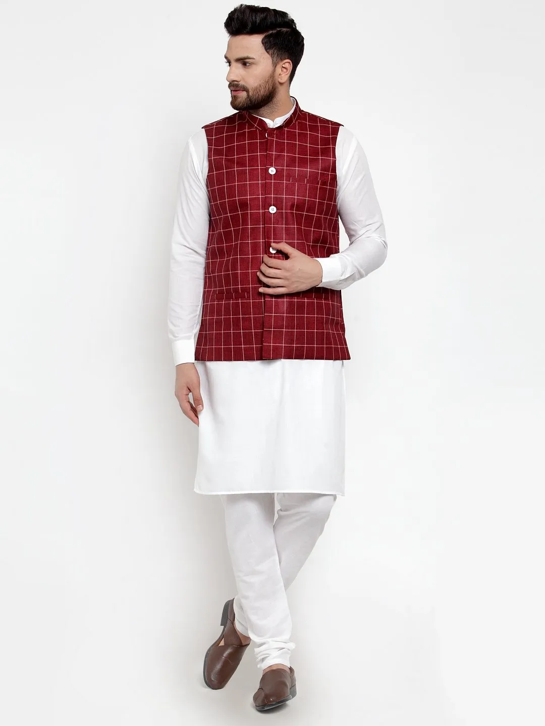 Men Purple Checkered Nehru Jacket by Virat Fashions (1pc)