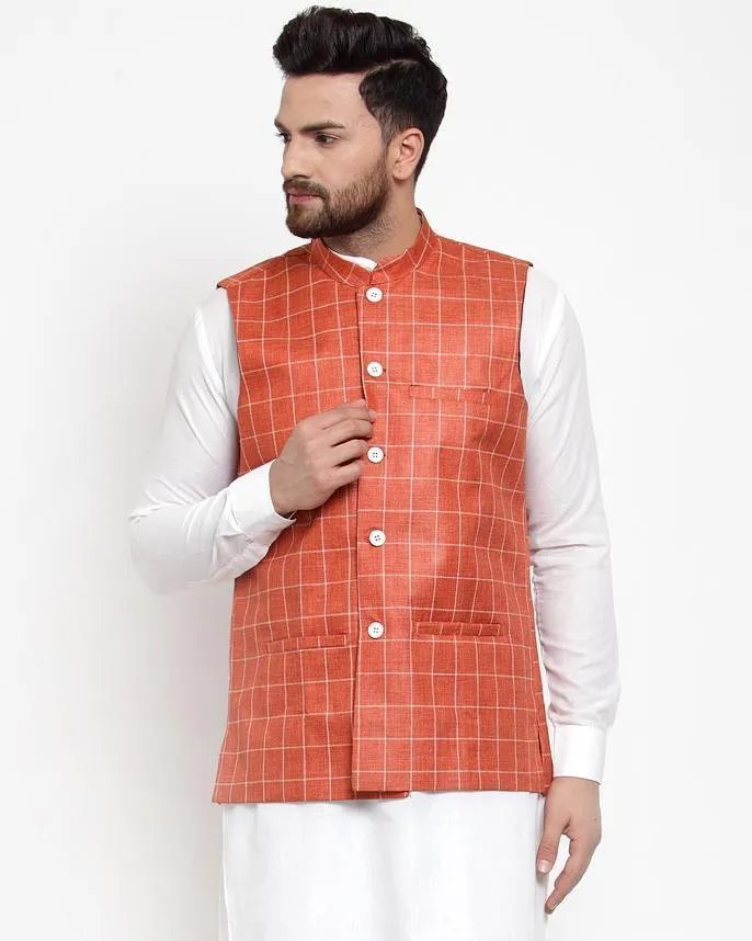 Men Purple Checkered Nehru Jacket by Virat Fashions (1pc)