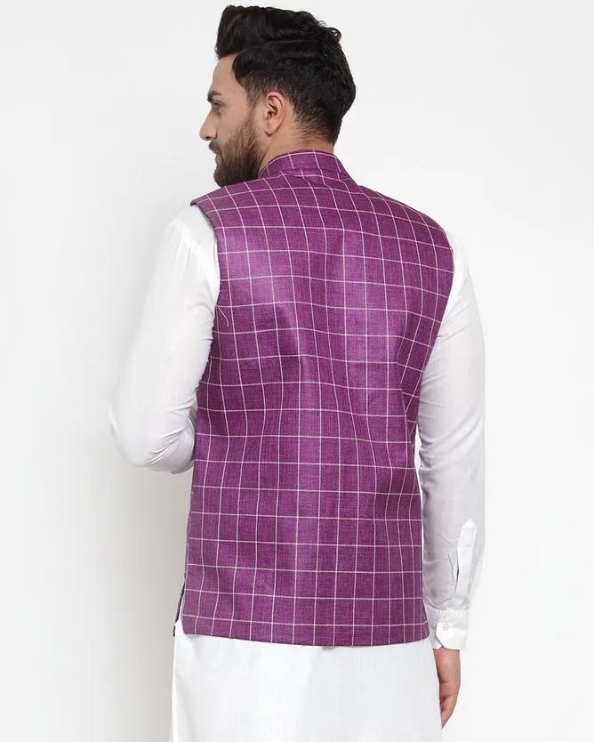 Men Purple Checkered Nehru Jacket by Virat Fashions (1pc)