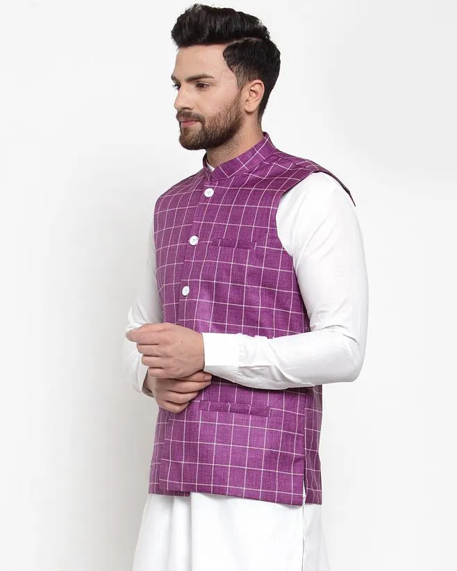 Men Purple Checkered Nehru Jacket by Virat Fashions (1pc)