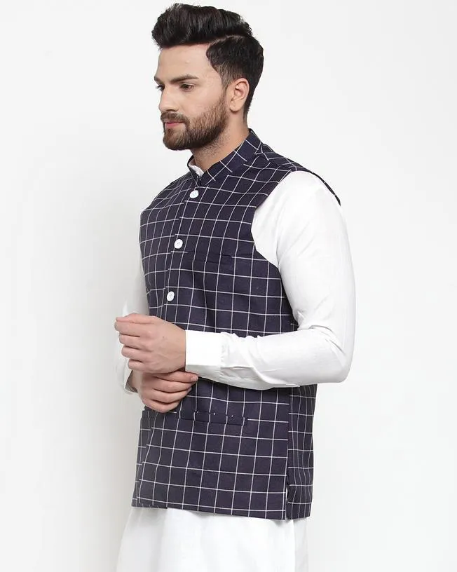 Men Purple Checkered Nehru Jacket by Virat Fashions (1pc)