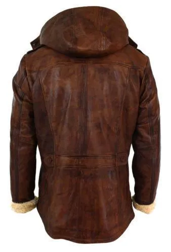 Men's Brown 3/4 Tan Hooded Safari Fur Winter Long Real Leather Jacket