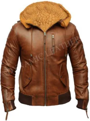 Mens Retro Brown Hooded Fur Real Leather Bomber Jacket