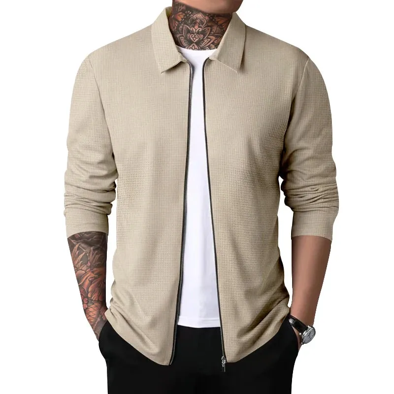 Men's Waffle-Textured Full-Zip Jacket - Versatile Lapel Neck Design - Modern Casual or Chic Formal Wear for Spring and Fall