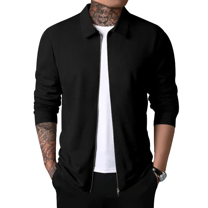 Men's Waffle-Textured Full-Zip Jacket - Versatile Lapel Neck Design - Modern Casual or Chic Formal Wear for Spring and Fall