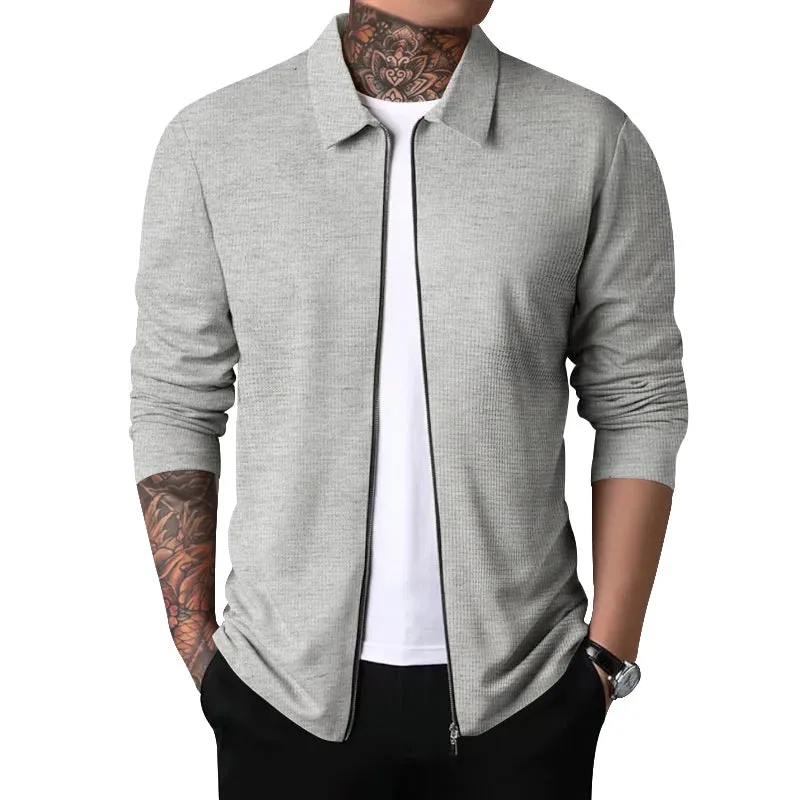 Men's Waffle-Textured Full-Zip Jacket - Versatile Lapel Neck Design - Modern Casual or Chic Formal Wear for Spring and Fall