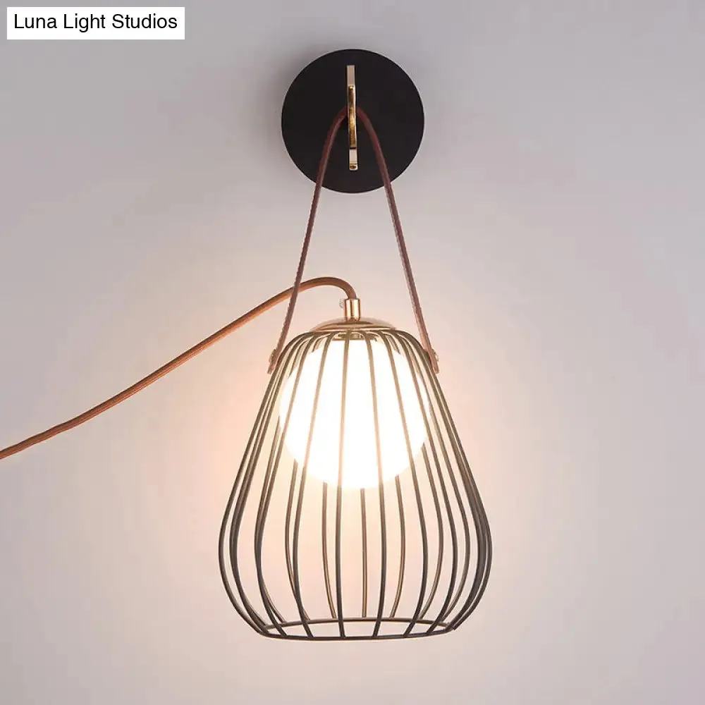 Minimalist Black LED Wall Sconce with Leather Handle - Pear Cage Iron Design