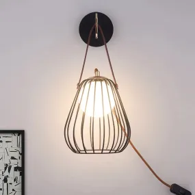 Minimalist Black LED Wall Sconce with Leather Handle - Pear Cage Iron Design