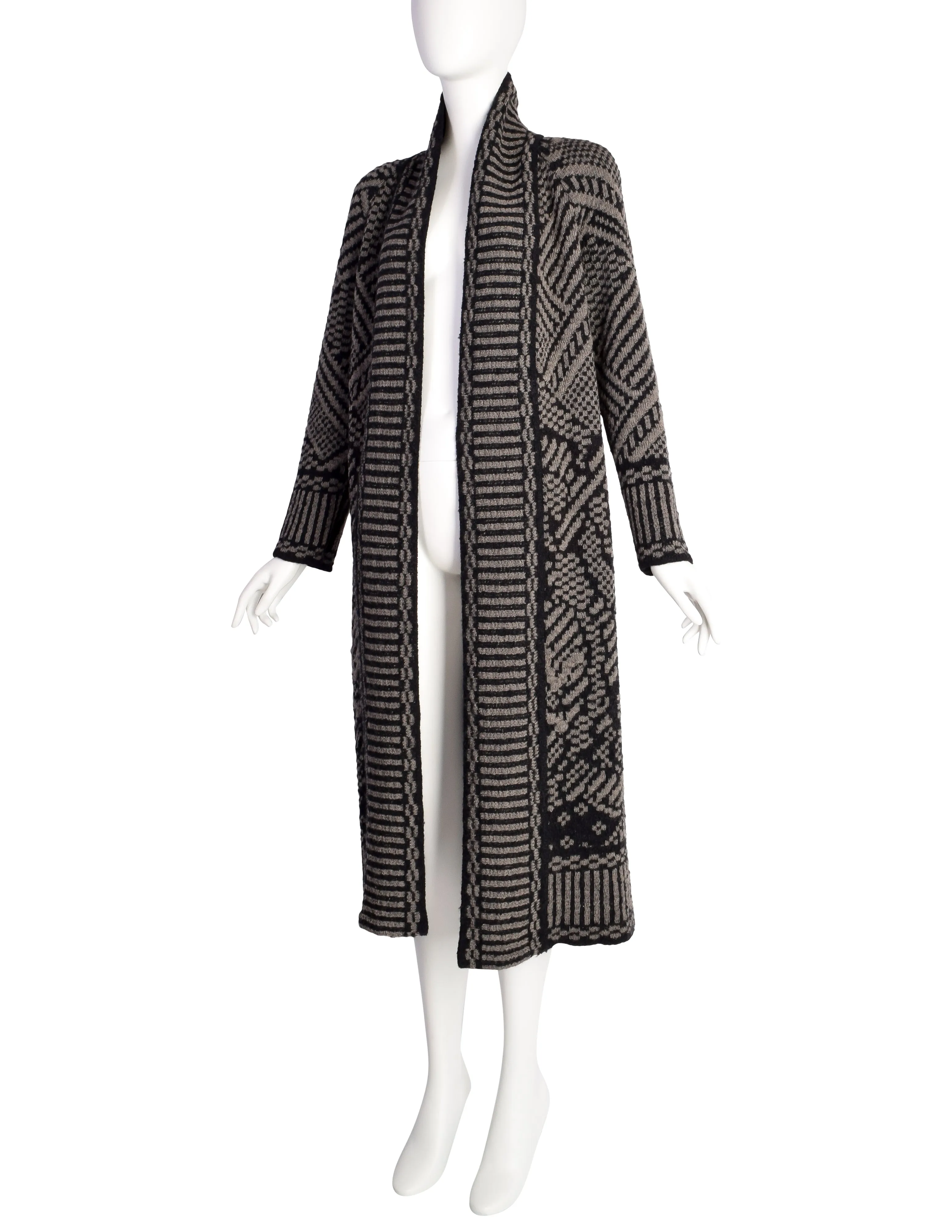 Missoni Vintage Black Brown Abstract Flower Intarsia Long Duster Cardigan Sweater