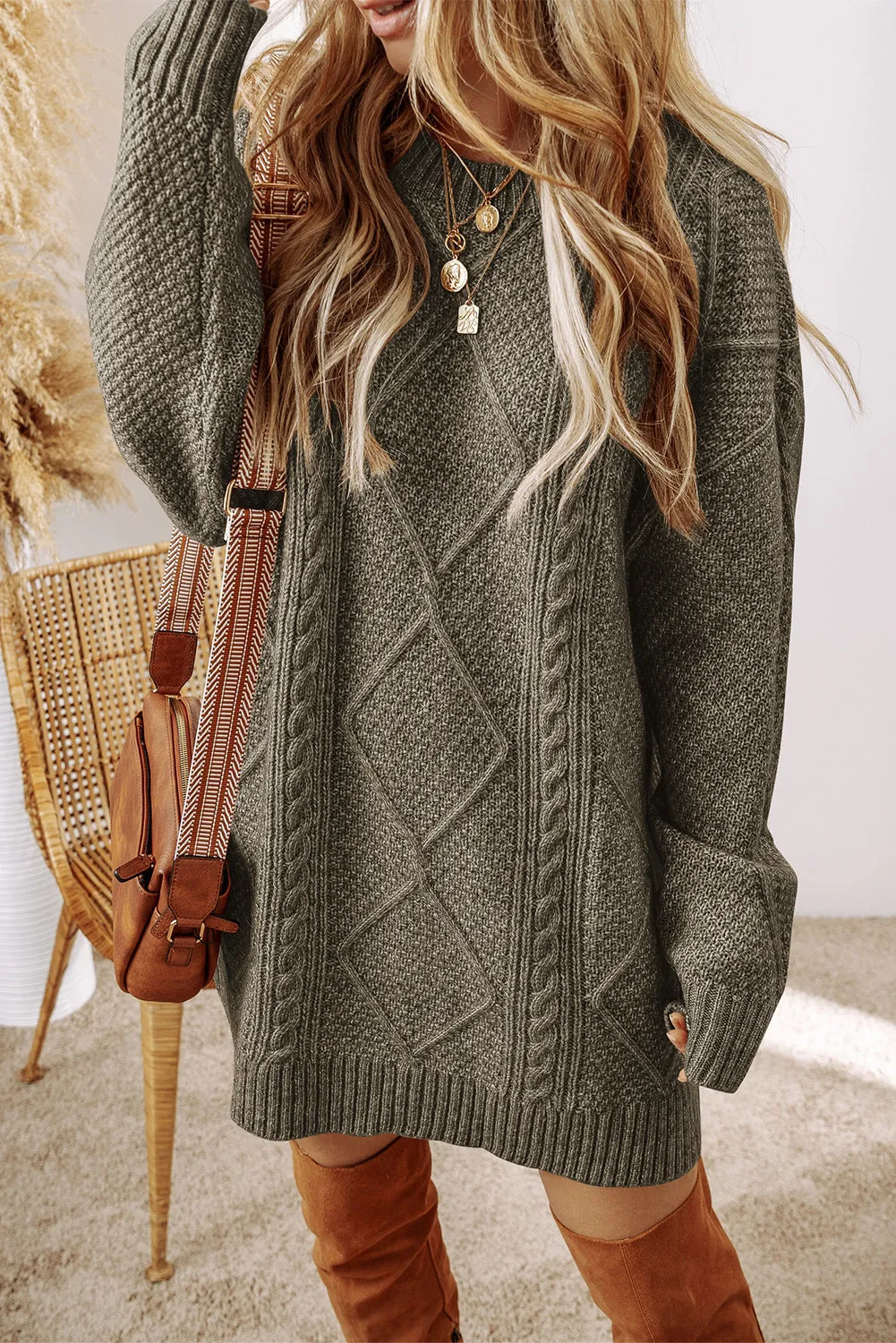 Mist Green Twist Cable Knit Drop Shoulder Loose Fit Sweater Dress