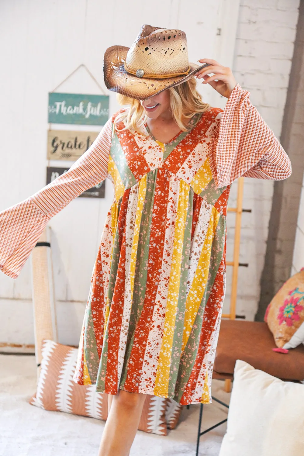 Multi-Floral Stripe Bell Sleeve Knit Two-Tone Dress