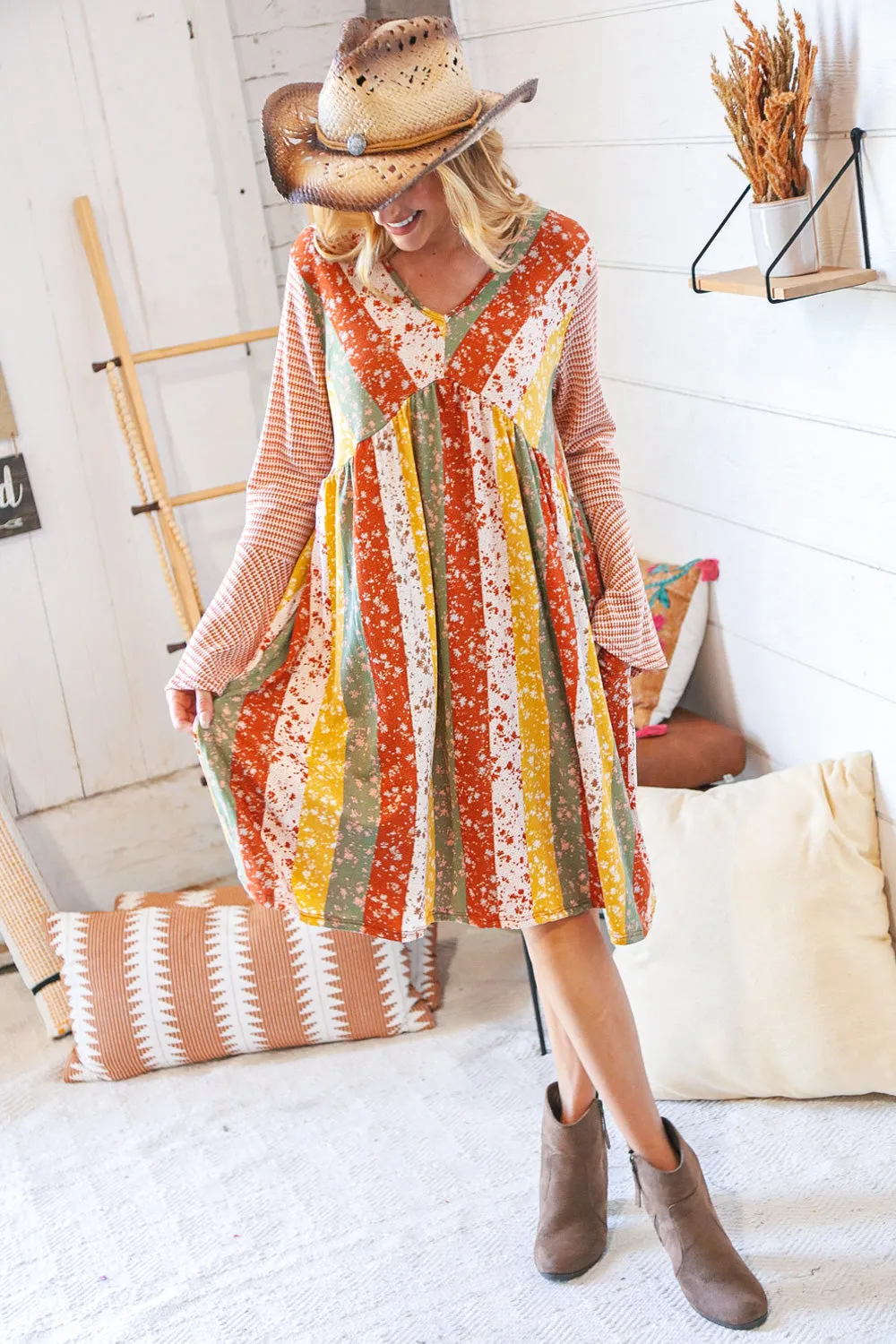 Multi-Floral Stripe Bell Sleeve Knit Two-Tone Dress