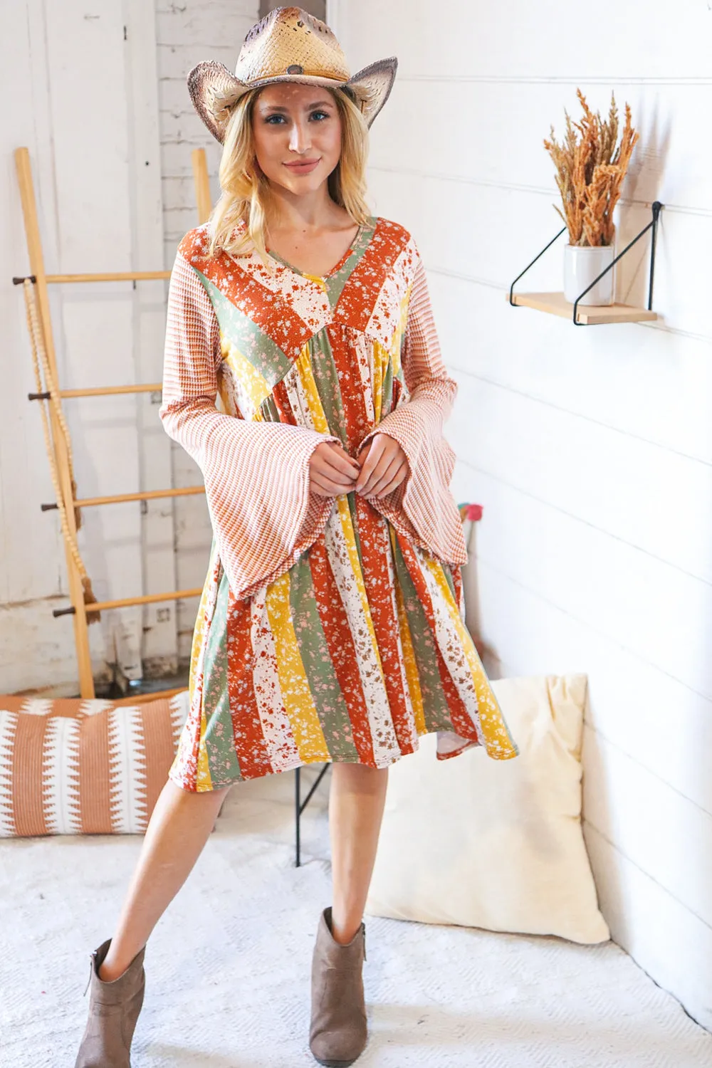 Multi-Floral Stripe Bell Sleeve Knit Two-Tone Dress