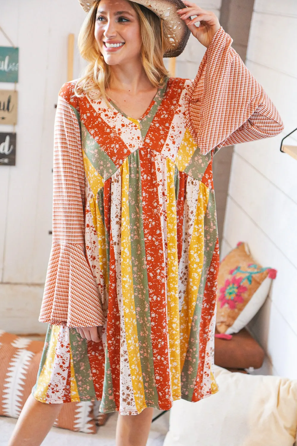 Multi-Floral Stripe Bell Sleeve Knit Two-Tone Dress