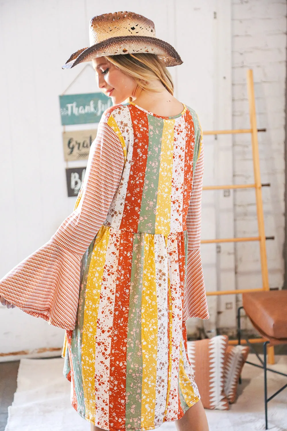 Multi-Floral Stripe Bell Sleeve Knit Two-Tone Dress