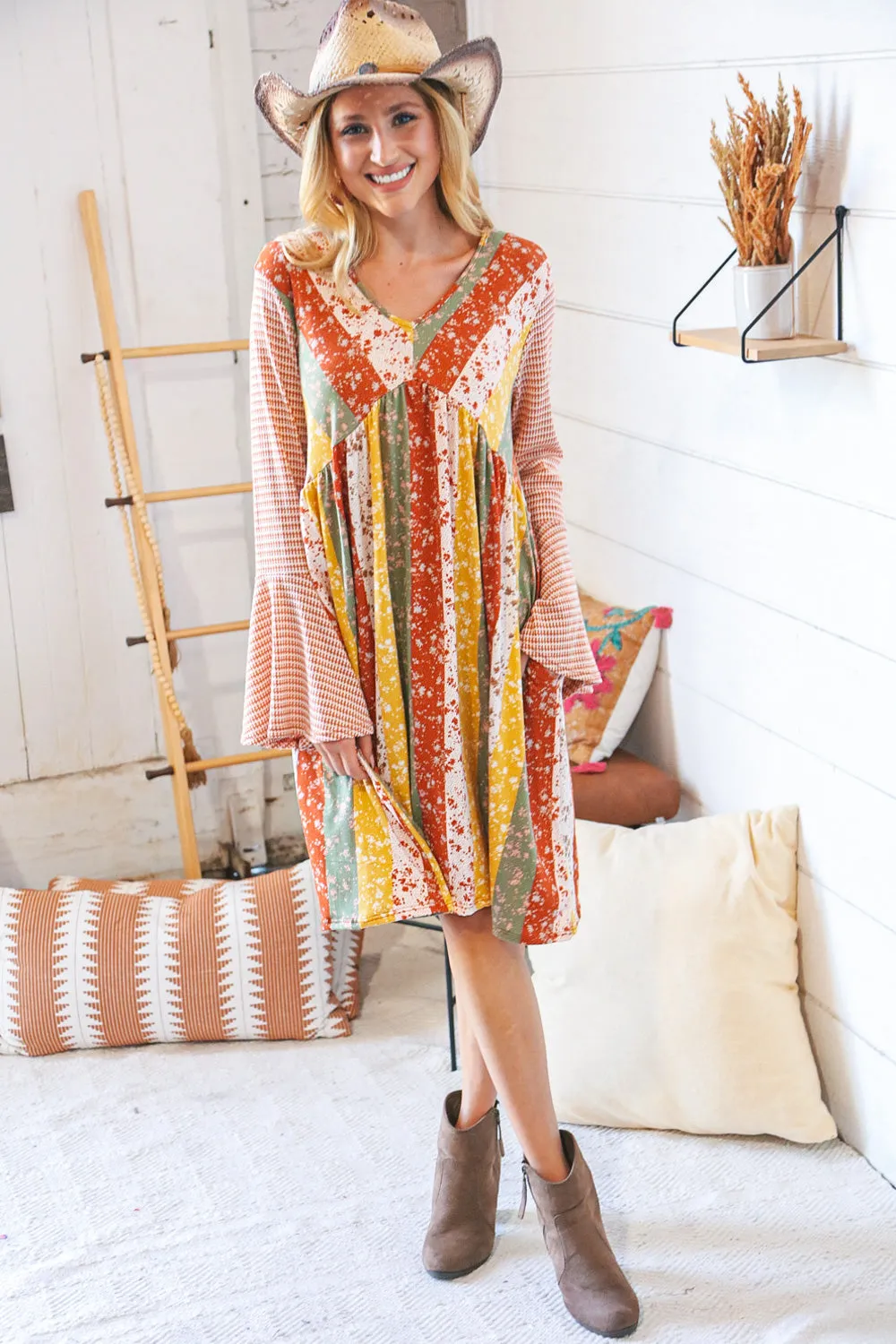 Multi-Floral Stripe Bell Sleeve Knit Two-Tone Dress