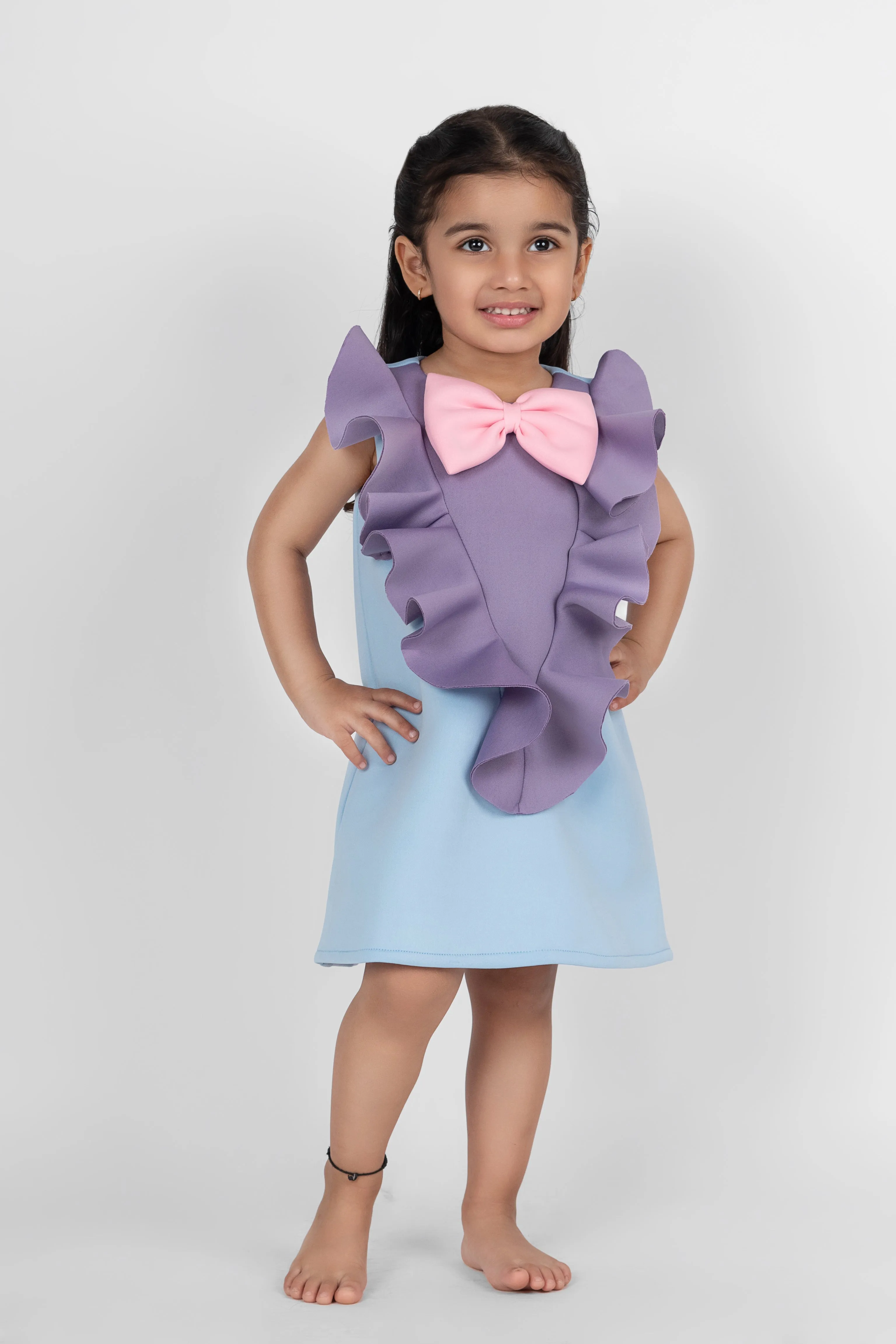 Multicolor Bow Detailing Ruffle Neoprene Straight Dress