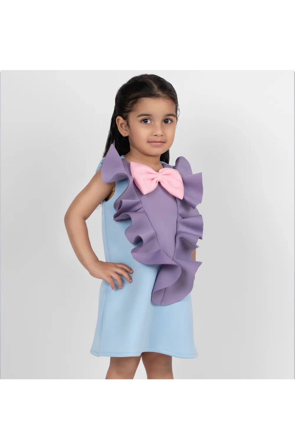 Multicolor Bow Detailing Ruffle Neoprene Straight Dress