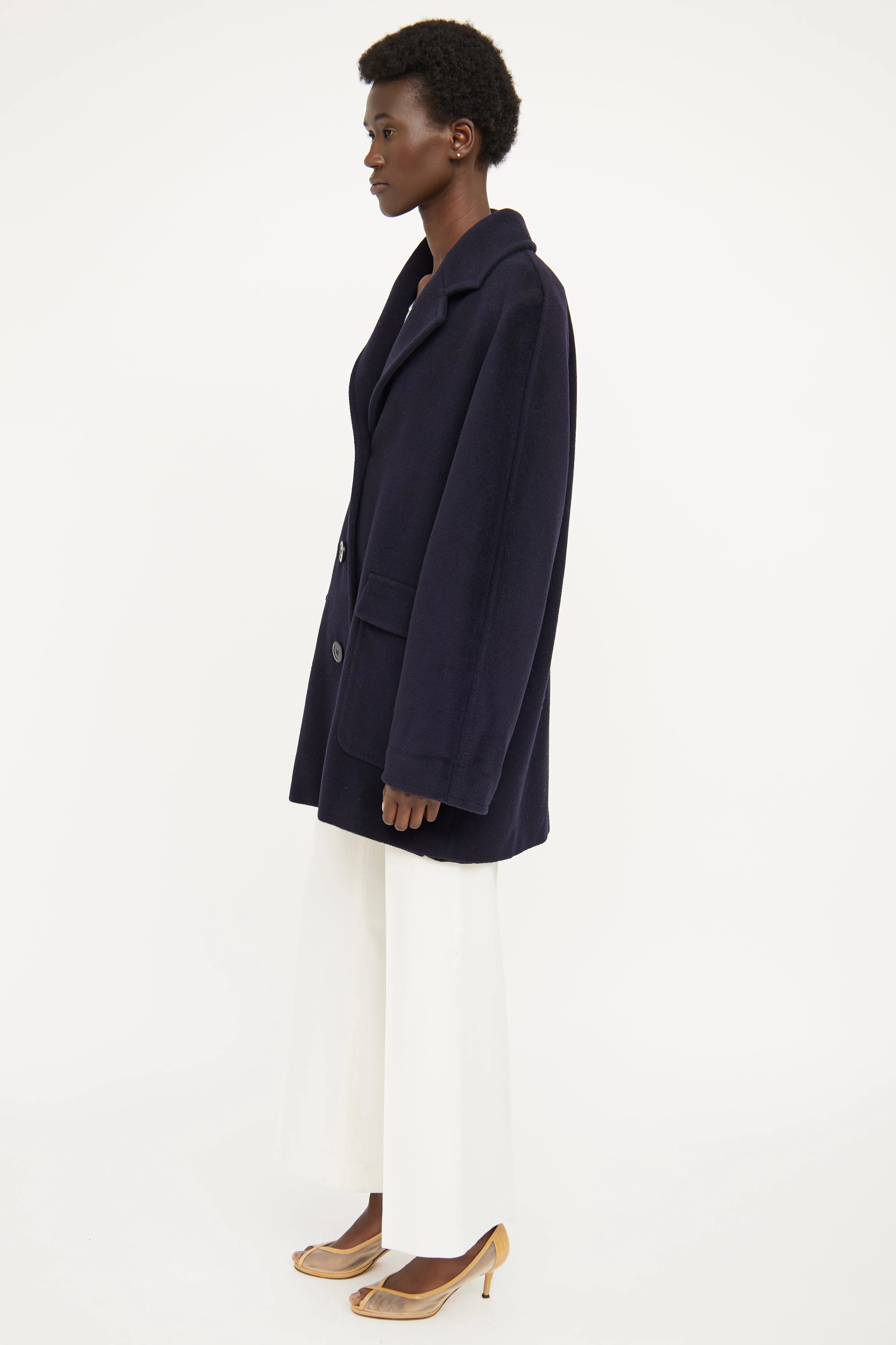 Navy Front Pocket Wool Cashmere Coat