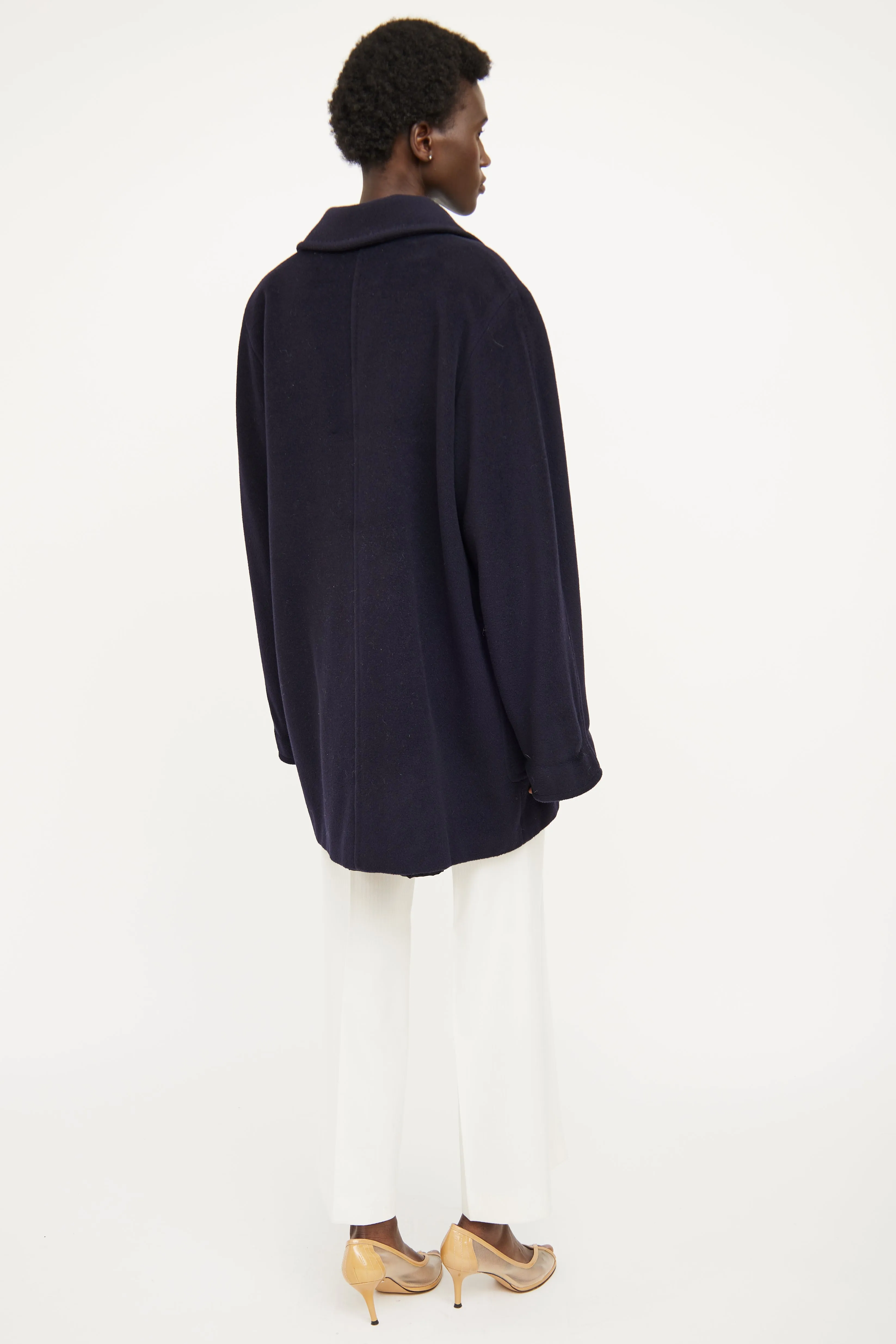 Navy Front Pocket Wool Cashmere Coat