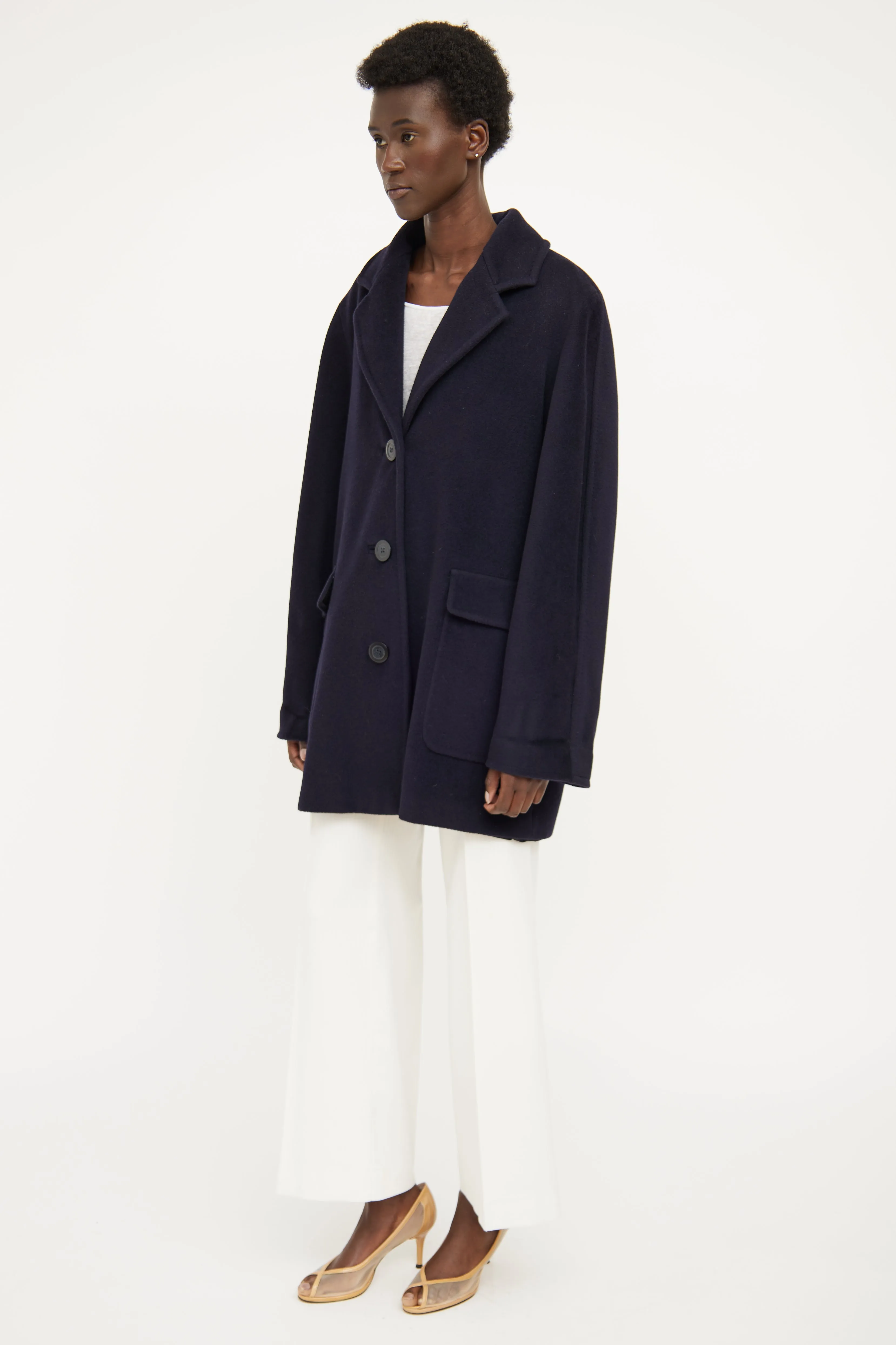 Navy Front Pocket Wool Cashmere Coat