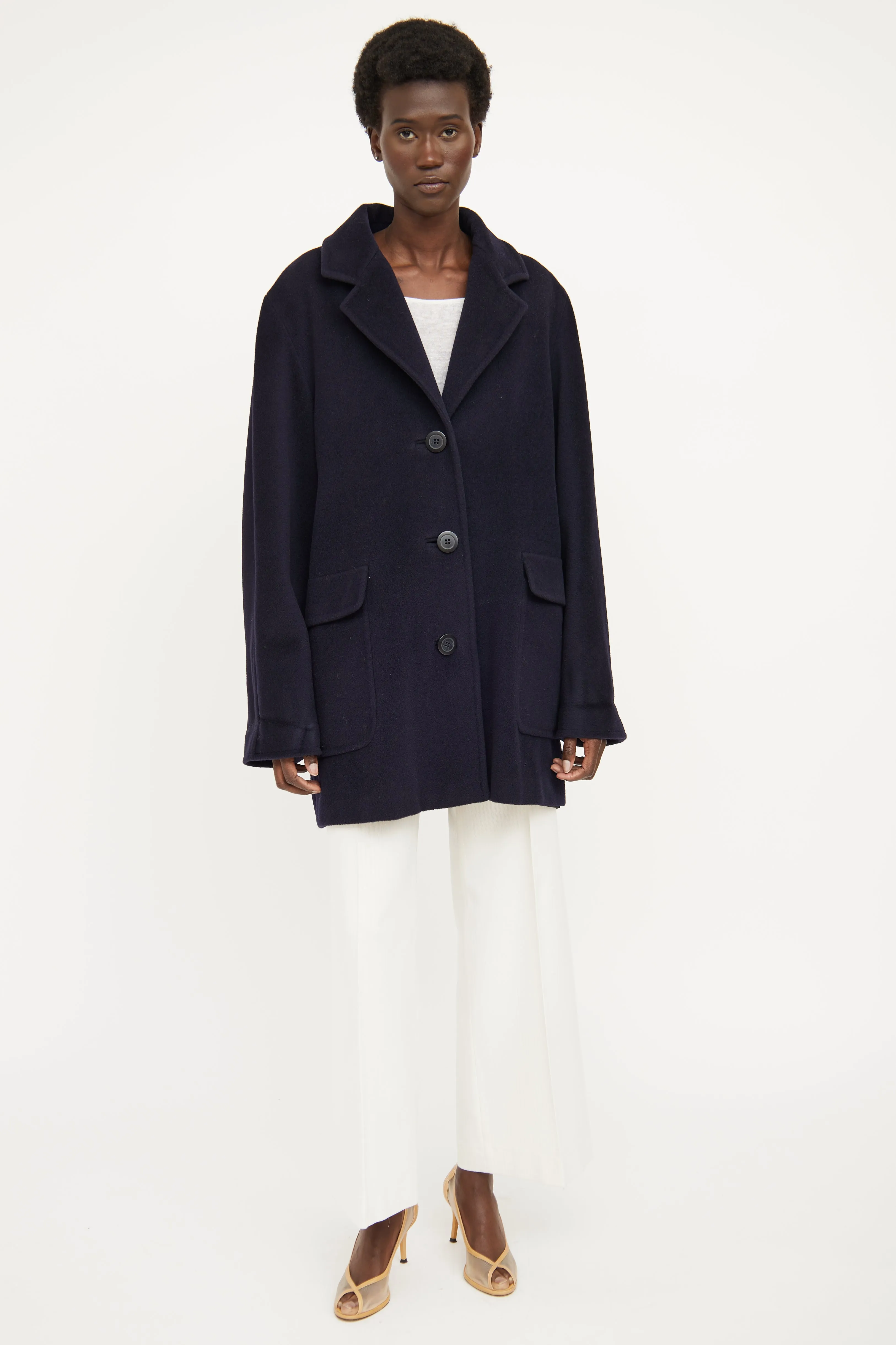 Navy Front Pocket Wool Cashmere Coat