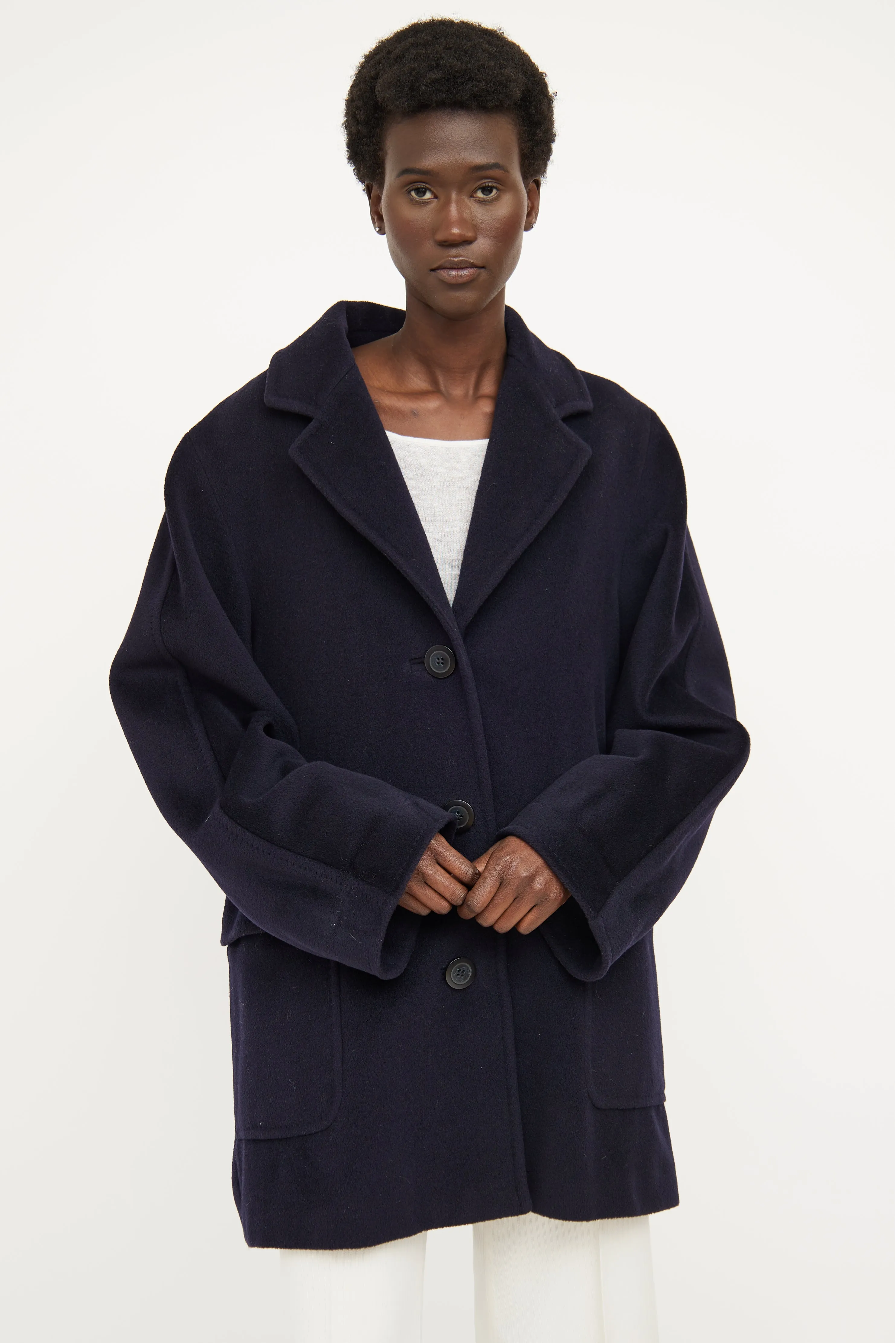 Navy Front Pocket Wool Cashmere Coat