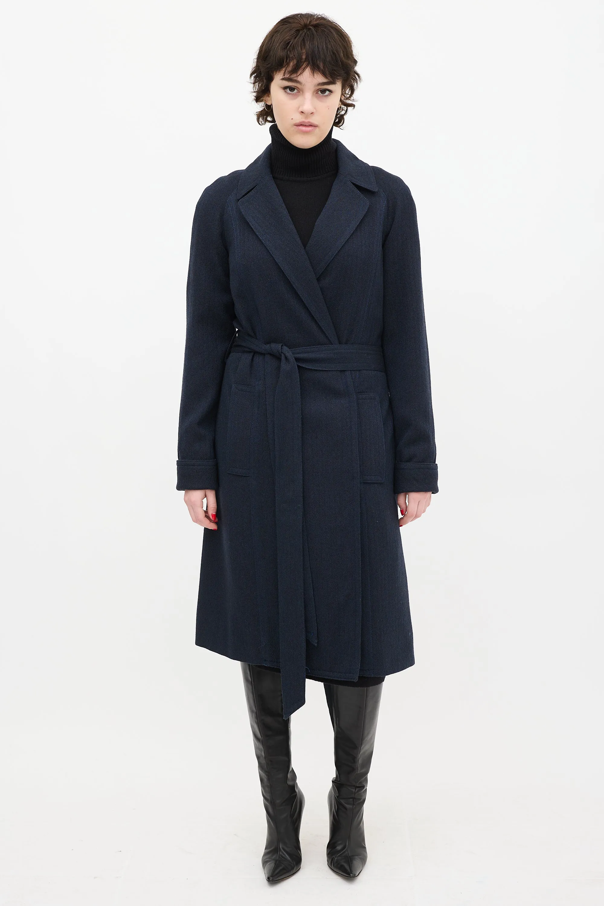 Navy Wool Herringbone Coat