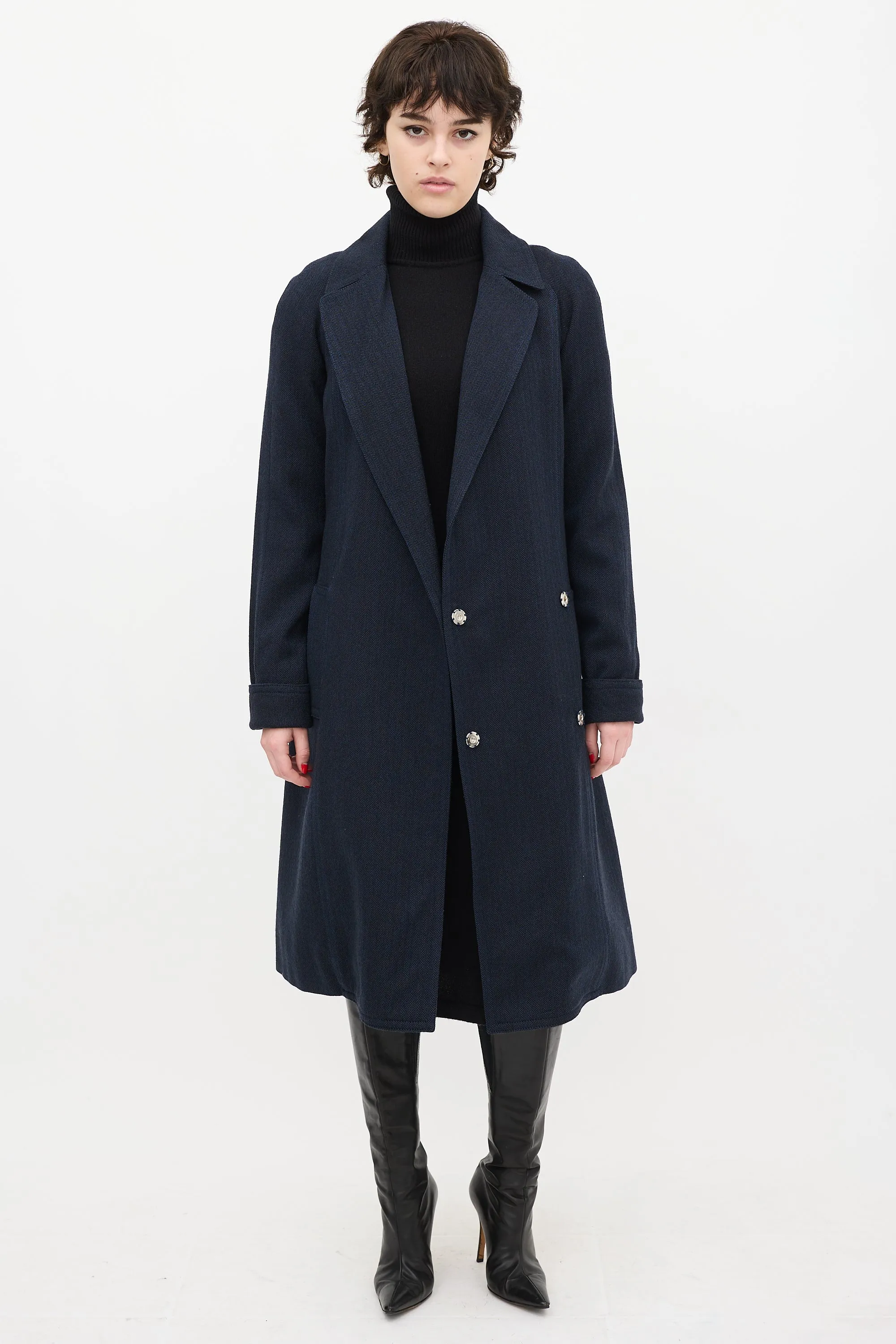 Navy Wool Herringbone Coat