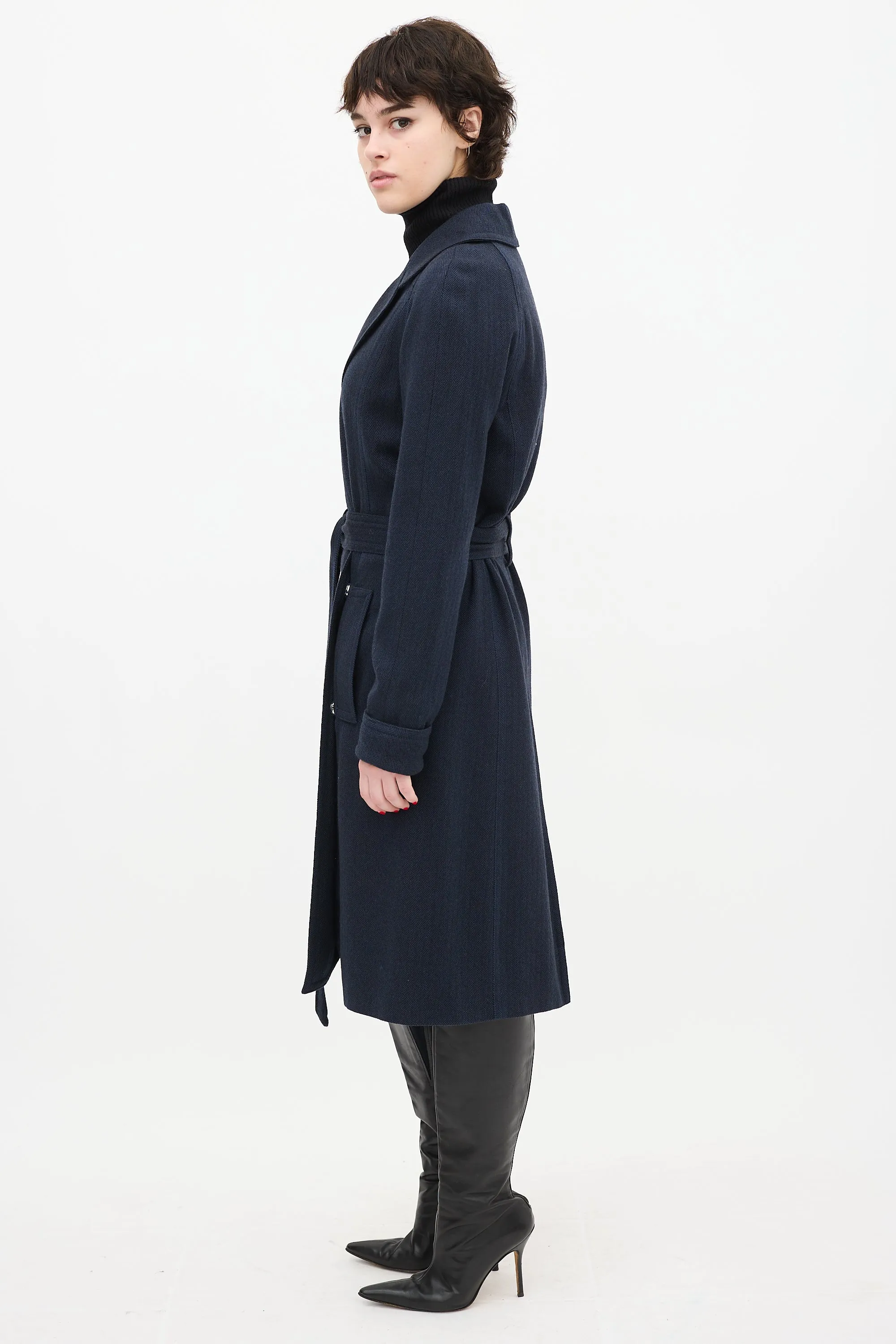 Navy Wool Herringbone Coat