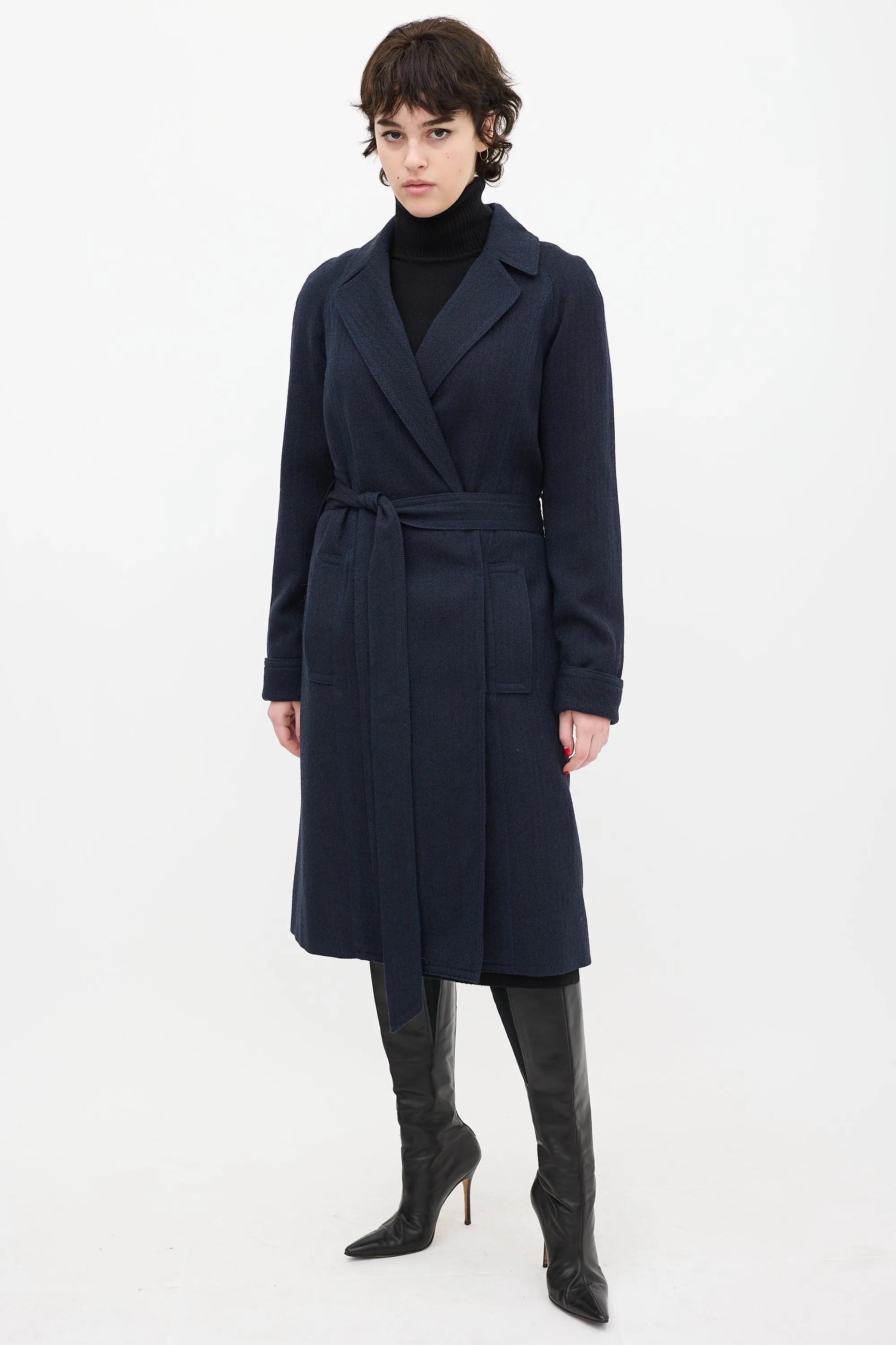 Navy Wool Herringbone Coat